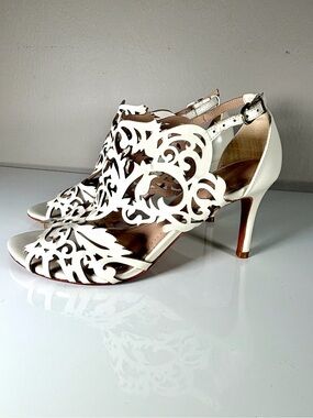 Elegant White Laser-Cut Slingback Heels